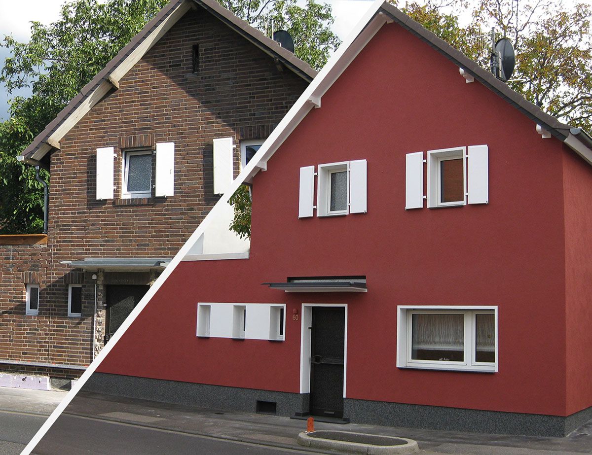 Wohnhaus vor und nach der Fassadensanierung, links Klinker, rechts roter Neuanstrich